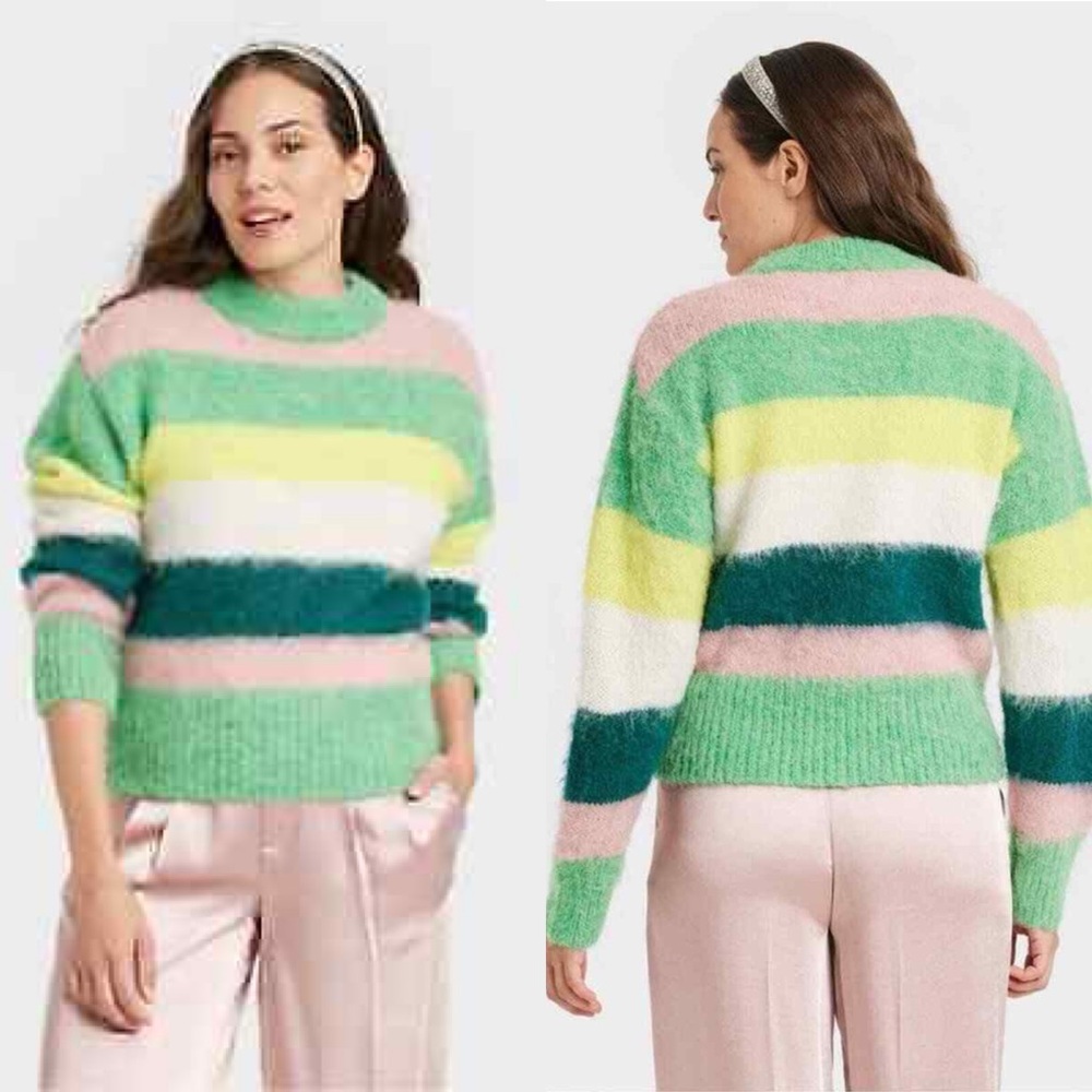 A New Day Fuzzy Striped Cropped Sweater XXL Green Pink Yellow